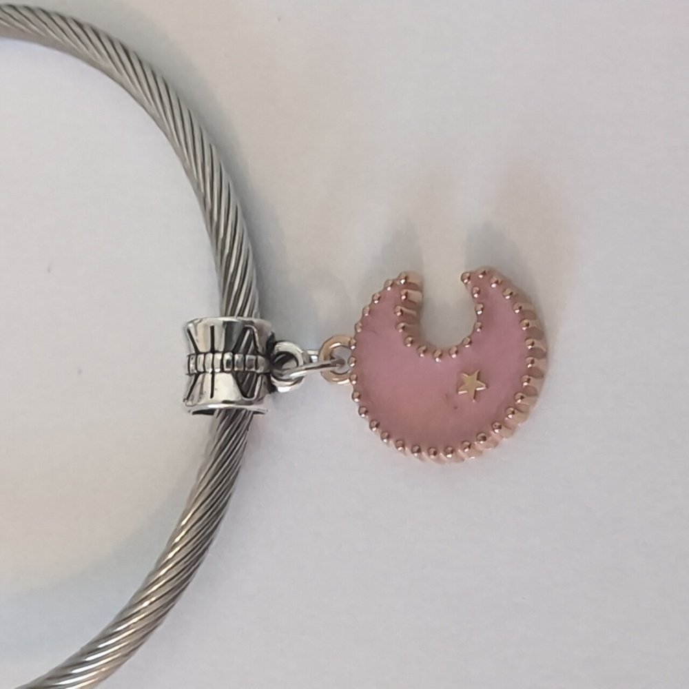 Gold with‎ Pink Studded Moon & Star Dangle Charm for Pandora Style Bracelet